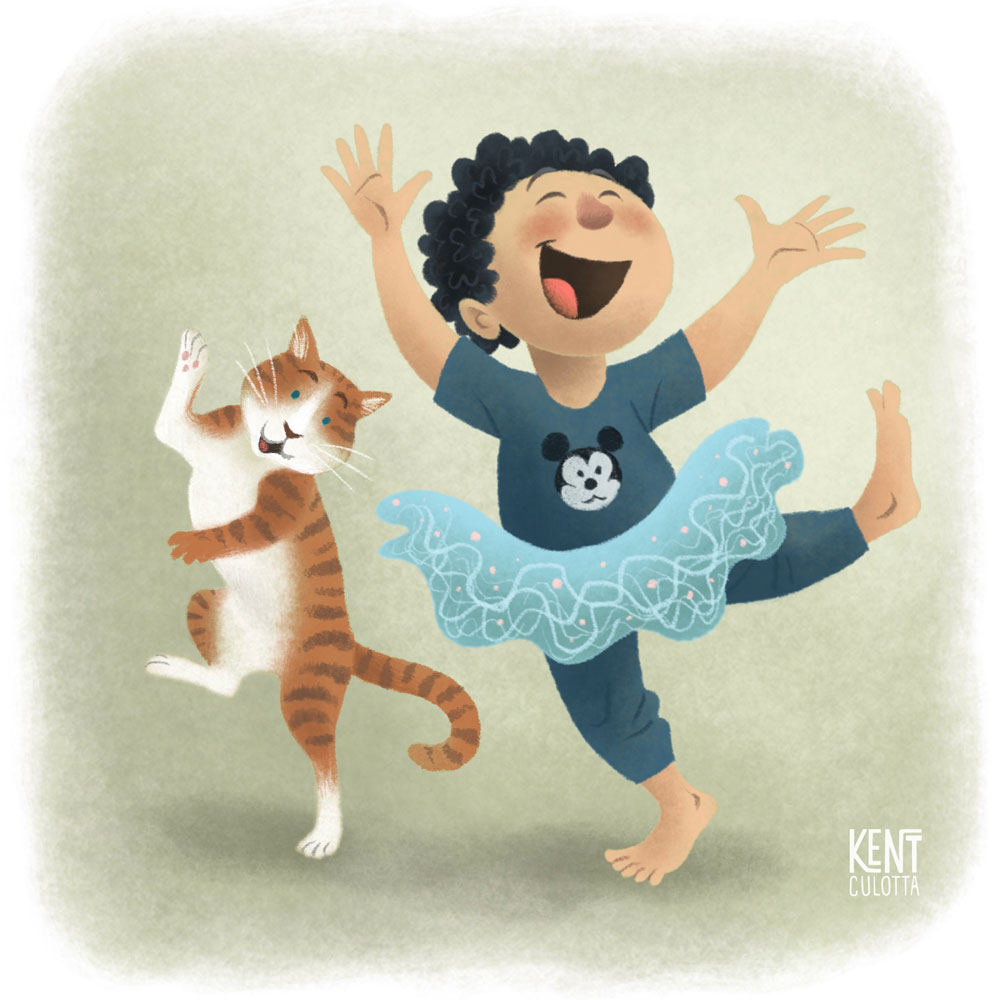 dancing boy and cat children's book illustration