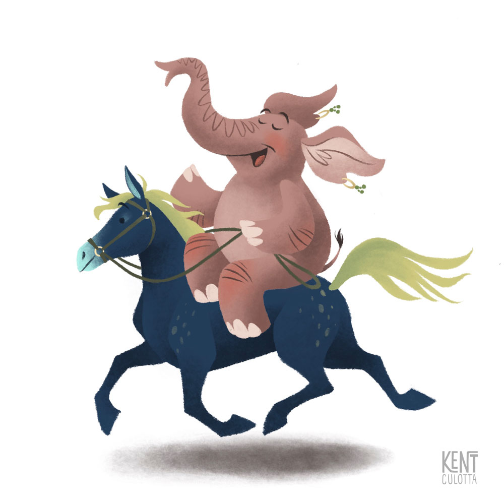elephant riding horse children's book illustration